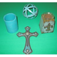 Aqua Turquoise Home accents candle, metal ball sphere, votive candle, Cross    162532715346